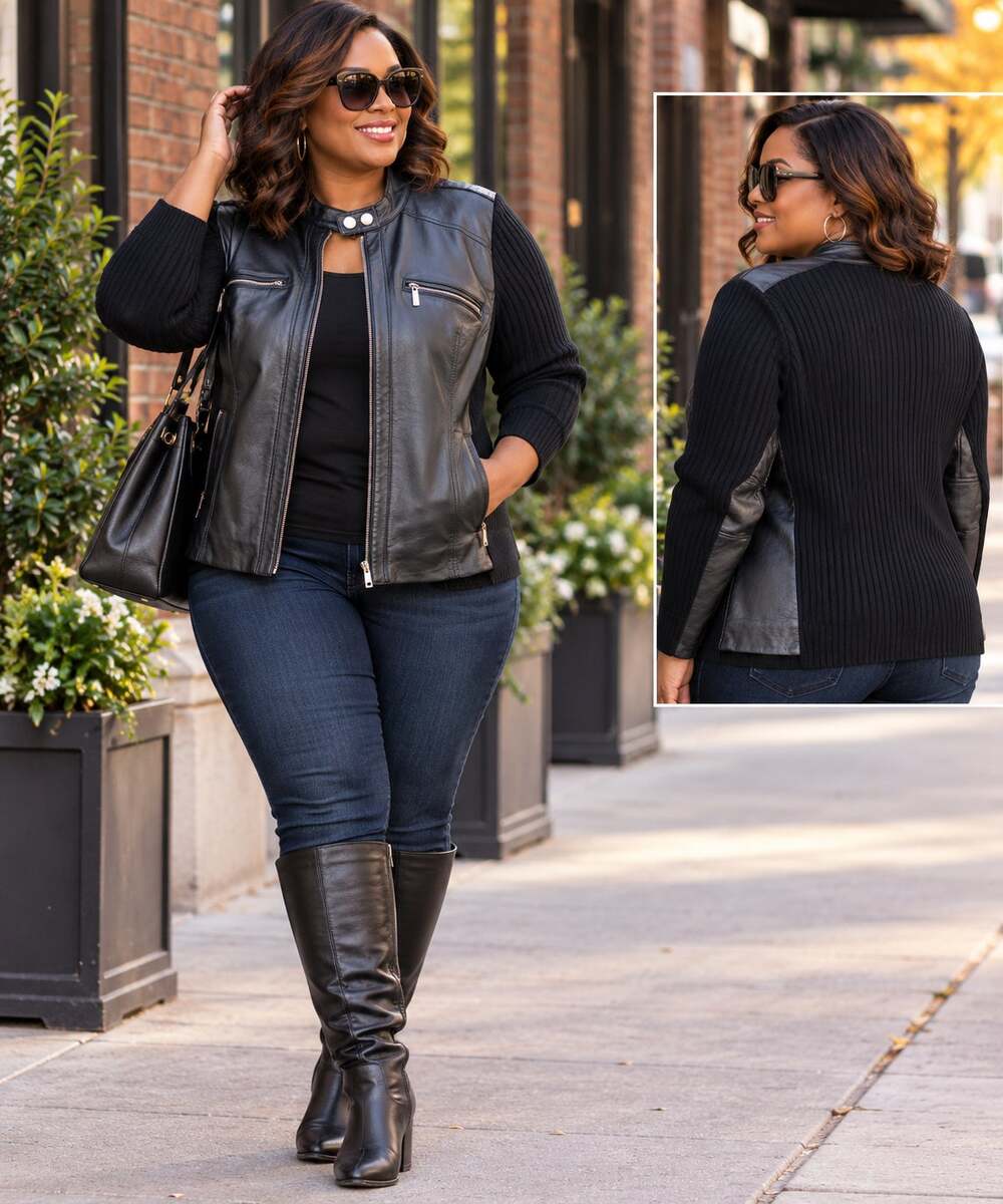 Style & Co 2X Black Genuine Leather Moto Jacket Ribbed Knit Biker Plus Size